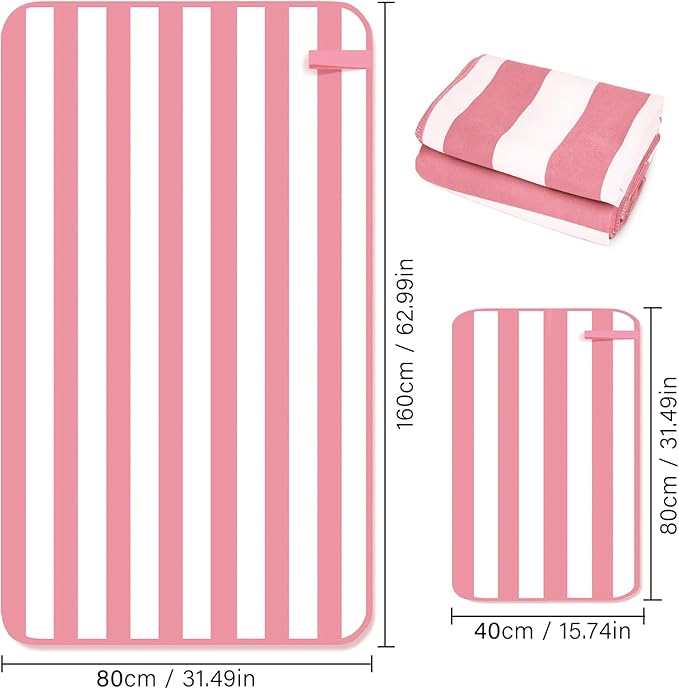 2-Pack Microfiber Beach Towels Set (63"x31.5" + 31.5"x16") | Oversized Quick Dry Sand Free Travel Towel for Beach Pool Gym Camping (Pink)