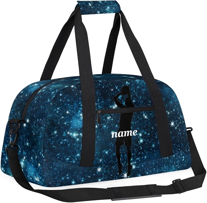 Personalized Boys Gym Bags, Custom Name Sport Bags for Training Travel Overnight Weekender Basketball Silhouettes Romantic Blue