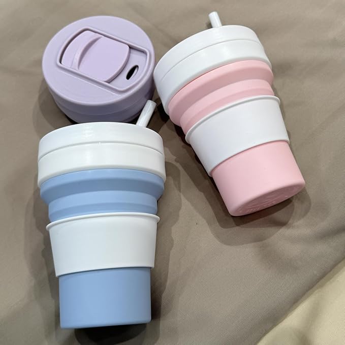 Collapsible Travel Cups- Food Grade Silicone Coffee Cups with Straw Lid 350ml 12oz Lightweight