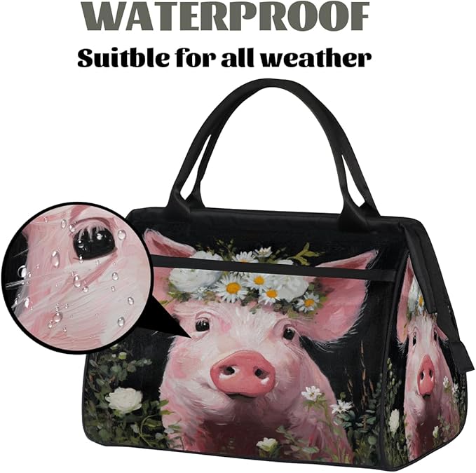 Overnight Weekender Bags for Women Men, Cute Pink Pig With White Flowers Waterproof Travel Carry On Duffel Bag, Lightweight Sports Gym Bag for Fitness, Workout, Travel