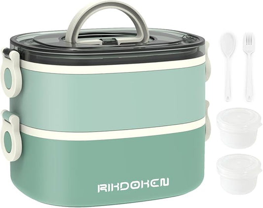 Lunch Box, Stackable 2 Layers Containers, Portable 64OZ Large Capacity Leakproof Bento Box with Spoon & Fork & Sauce Boxes, Microwave Safe Lunch Box for Kids and Adults