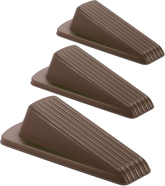 Crosize Rubber Door Stoppers for Floor, Door Stop Wedge for Heavy Duty Door, 3 Pack, Brown