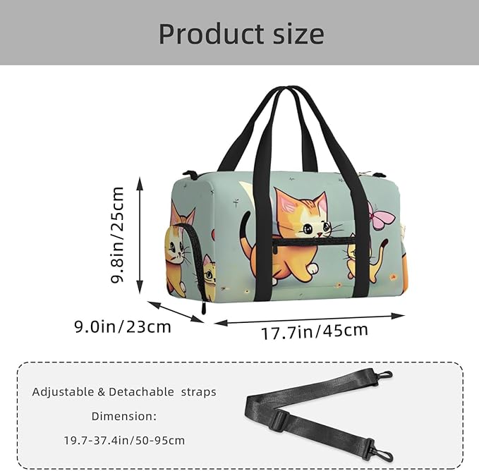 Kitten Butterfly Print Gym Bag with Shoe Compartment for Women Men, 17.7in Sports Duffle Weekender Tote, Overnight Travel Duffel Bag Carry On