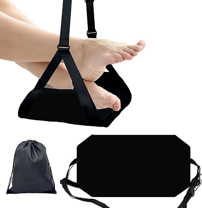 Airplane Foot Hammock for Plane Travel Ajustable Foot Rest for Plane Comfort Sling Airplane Gadgets for Adult Long Fling,Plane Travel Essentials (Black)