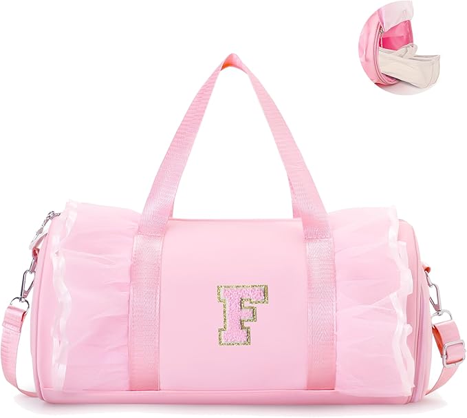 Personalized Dance Bag for Girl | Small Initial Gym Sport Yoga Cheer Duffle Bags Gift for Teen Girls | Chenille Letter Kids Ballet Bag Preppy Stuff Toddler Girl Birthday Gift (Pink F, SMALL)