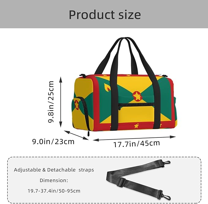 Flag of Grenada Print Gym Bag with Shoe Compartment for Women Men, 17.7in Sports Duffle Weekender Tote, Overnight Travel Duffel Bag Carry On