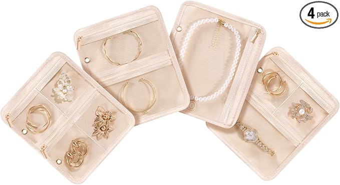 Lolalet Travel Jewelry Organizer Storage Bags, 4 Pcs Transparent Velvet Pouches with Compartments & Zippers for Jewelry Display of Earrings, Rings, Necklaces & Bracelets for Girls Women -Apricotpink