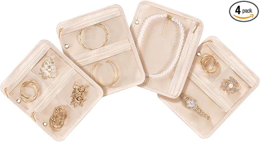 Lolalet Travel Jewelry Organizer Storage Bags, 4 Pcs Transparent Velvet Pouches with Compartments & Zippers for Jewelry Display of Earrings, Rings, Necklaces & Bracelets for Girls Women -Apricotpink