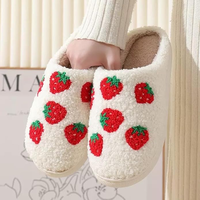 Unisex Xmas Elk Shoes Santa Reindeer Cute Strawberry Cartoon Christmas Tree Pink Bow Memory Foam Soft Plush House Slippers Indoor/Outdoor