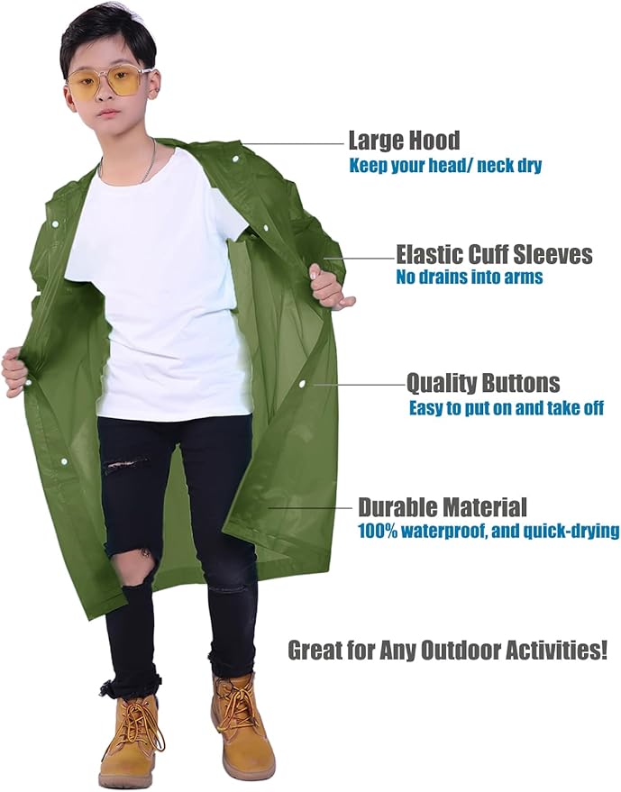 Kids Rain Jacket, 2 Pack Rain Ponchos for Kids - Reusable Raincoats for Boys and Girls Waterproof Outdoor Rain Gear