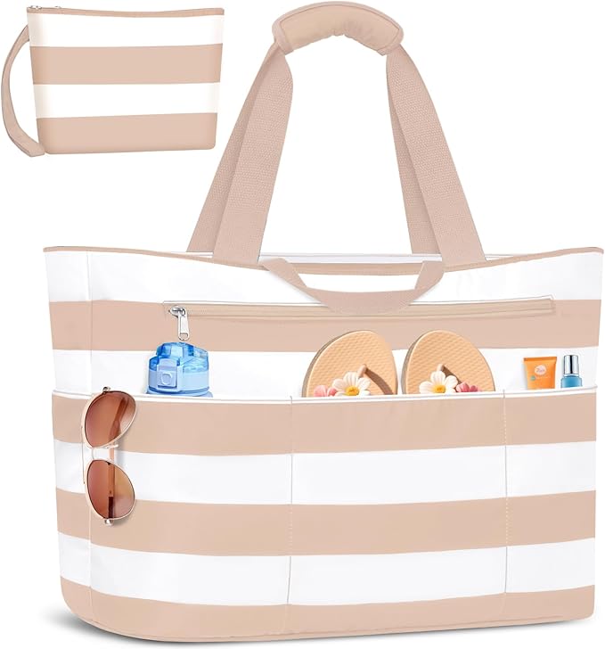 BKNOOU Extra Large Beach Bags Waterproof Sandproof XL Beach Tote Bag for Women Zipper Foldable Swim Pool Bag with Wet Pocket