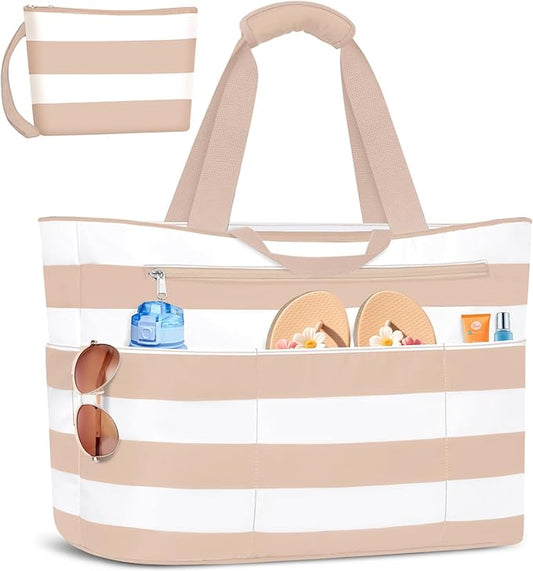 BKNOOU Extra Large Beach Bags Waterproof Sandproof XL Beach Tote Bag for Women Zipper Foldable Swim Pool Bag with Wet Pocket