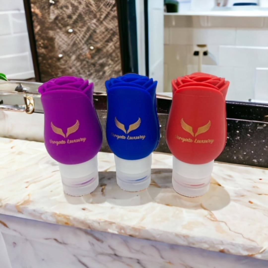 Vorgato Luxury- Silicone Travel Bottles for Toiletries - 3oz Silicone - TSA Approved - Refillable Travel Bottles 3 pcs (Fuschia, Red, Blue)