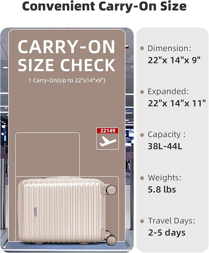 LARVENDER Carry on Luggage 22x14x9 Airline Approved, 20 Inch Hardside Suitcase with Wheels TSA Lock, PC+ABS Lightweight Carry on Suitcases for Women and Men, Champagne (20/DB/TB)