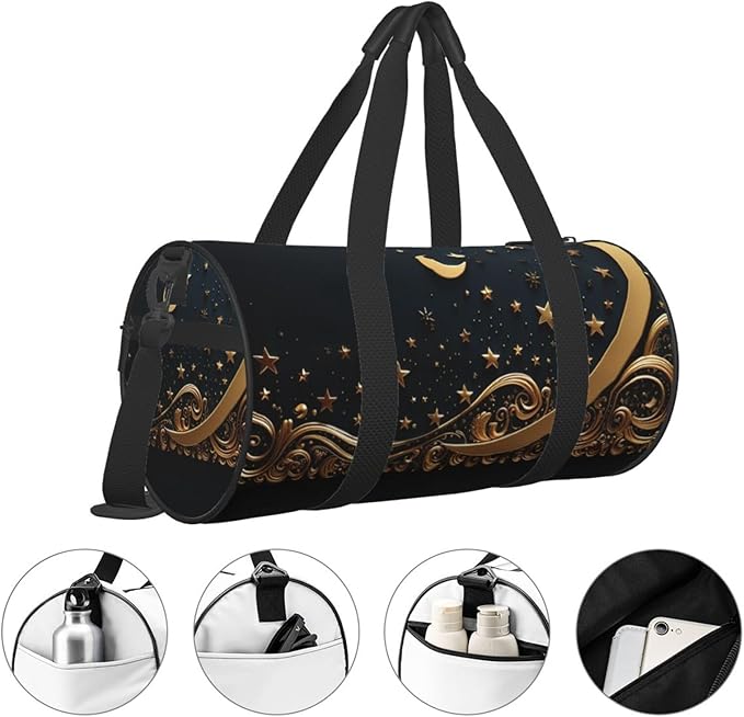 Golden background and crescent moon Sports Gym Bag for Women Men Travel Duffel Bag Tote Weekender Bag Canvas Carry on Overnight Bag for Travel Swimming Fitness Workout Sports Duffle Bag