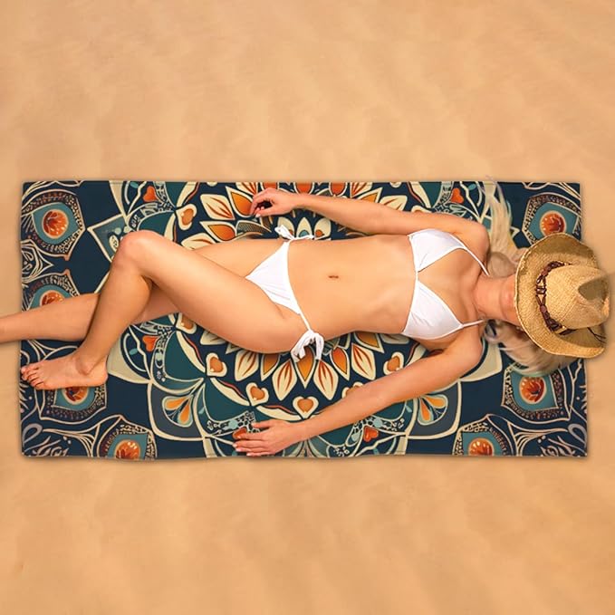 Ethnic Florals Mandala Beach Towel, Large Microfiber Quick Dry Lightweight Pool Bath Towels Sand Free Beach Blanket for Summer Cruise Yoga Camping Travel Vacation Essentials 31 x 61 in