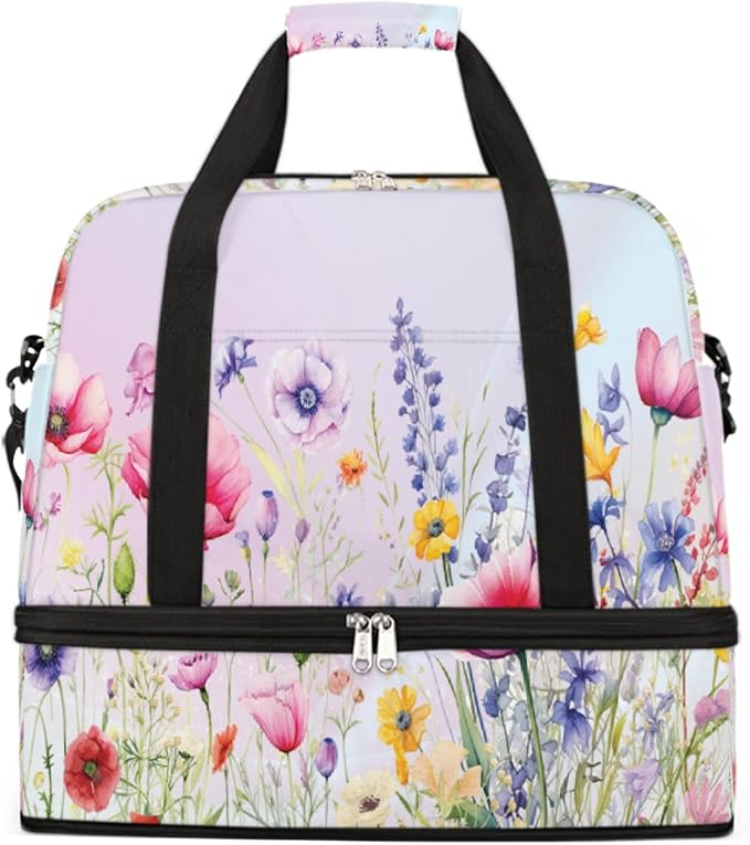 Pastel Flowers Large Weekender Bag with Shoe Compartment Travel Duffel Bags for Women Carry On Hospital Overnight Bag Foldable Personal Item Travel Bags Tote Gym Sports Airplanes