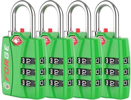 Forge TSA Luggage Combination Lock - Open Alert Indicator, Easy Read Dials, Alloy Body- Ideal for Travel, Lockers, Bags (Green 4PK)