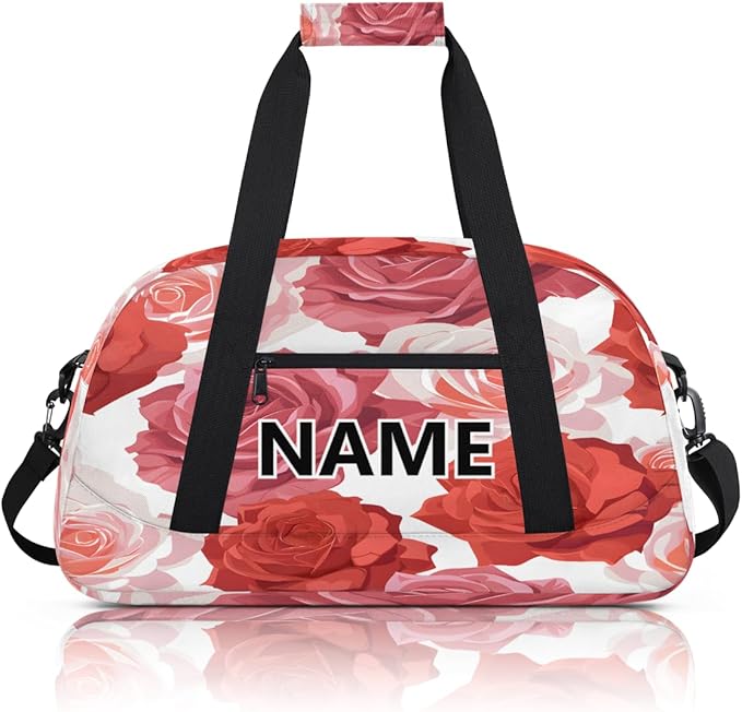 Floral Mini Gym Bag 18 inch for Women Men Waterproof Custom Red and Pink Rose Flowers Travel Duffel Bag Carry On Overnight Tote Nurse Bag for Work Fitness Hiking