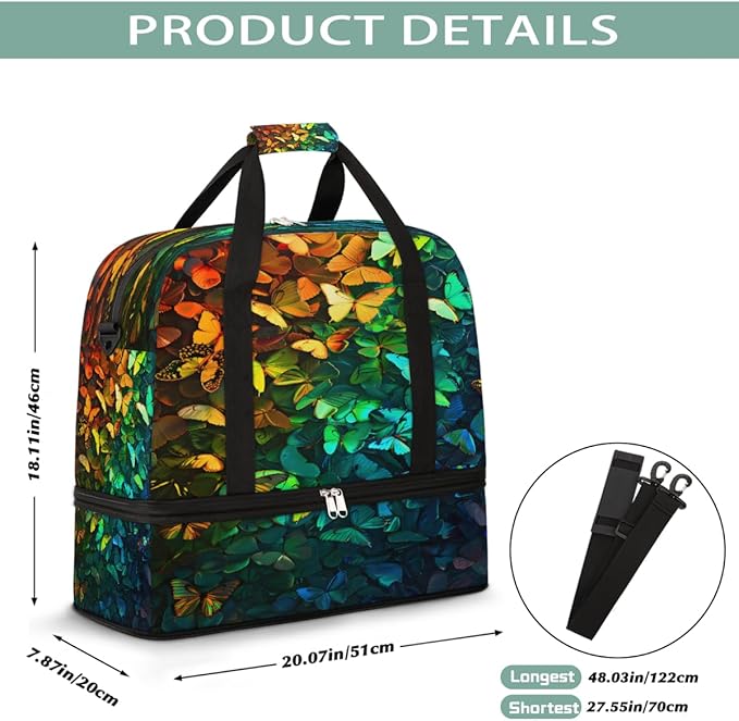 Rainbow Colorful Butterfly Large Weekender Bag with Shoe Compartment Travel Duffel Bags for Women Carry On Hospital Overnight Bag Foldable Personal Item Travel Bags Tote Gym Sports Airplanes