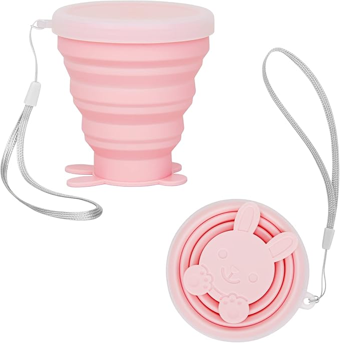 Reusable Foldable Silicone Water Cup, Portable Picnic Snacks Cup, Pocket Size Travel Cup Extensible, Collapsible Cups with Lid for Camping, Travel (Pink with Rope)