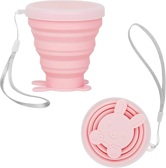 Reusable Foldable Silicone Water Cup, Portable Picnic Snacks Cup, Pocket Size Travel Cup Extensible, Collapsible Cups with Lid for Camping, Travel (Pink with Rope)