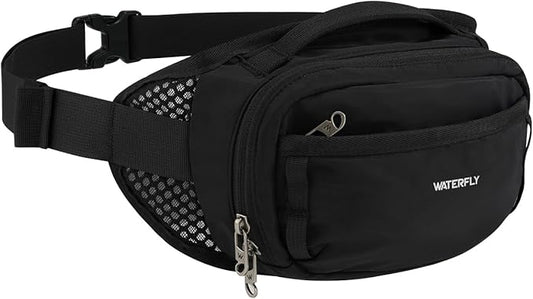 WATERFLY Fanny Pack Waist Bag: 2.3L RFID Blocking Anti-Theft Crossbody Bags with Bellows-Style Opening, Breathable Casual Hip Pack for Women Men Traveling Walking Hiking-Black