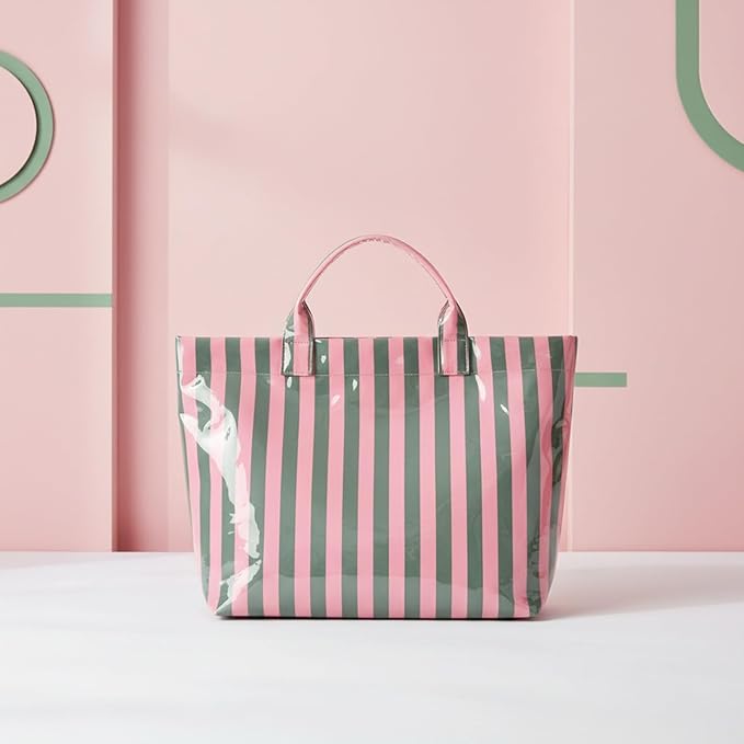 JQWYGB Striped PVC Tote Bag Large Glossy Striped Handbags Waterproof Top Handle Bag Plastic Tote Handbag Beach Travel Work