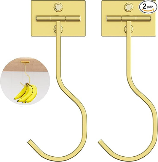 Adhesive Banana Hook Under Cabinet: 2-Pack Foldable Metal Banana Hanger, Space-Saving Under Counter Banana Holder for Kitchen & RV, Gold