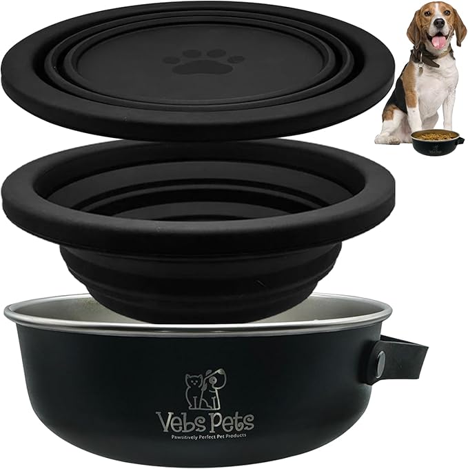 Vebs Pets- Stainless Steel Dog Bowl 30 oz, W/Collapsible Bowl Lid 20 oz W/Handle, Leak Proof, Non Slip, Food & Water Pet Bowls for Dogs & Cats, Medium Dogs, Portable Travel Dog (Black)