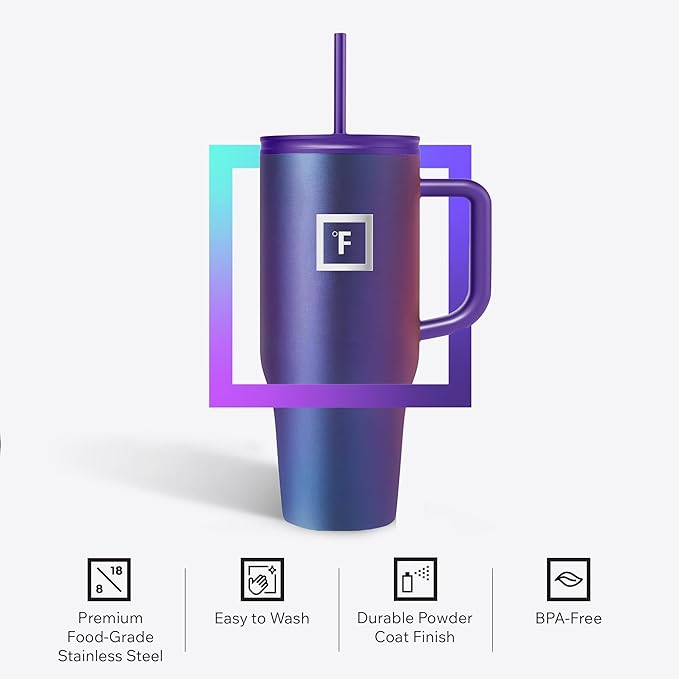 IRON °FLASK Co-Pilot Insulated Mug w/Straw & Flip Cap Lids - Cup Holder Bottle for Hot, Cold Drink - Leak-Proof - Water, Coffee Portable Travel Mug - Twilight Blue, 32 Oz
