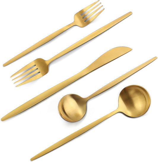 Matte Gold Silverware Set, VANVRO 60-Piece Stainless Steel Flatware Set, Satin Finish tableware Cutlery Set, Service for 12, Home and Restaurant, Dishwasher Safe