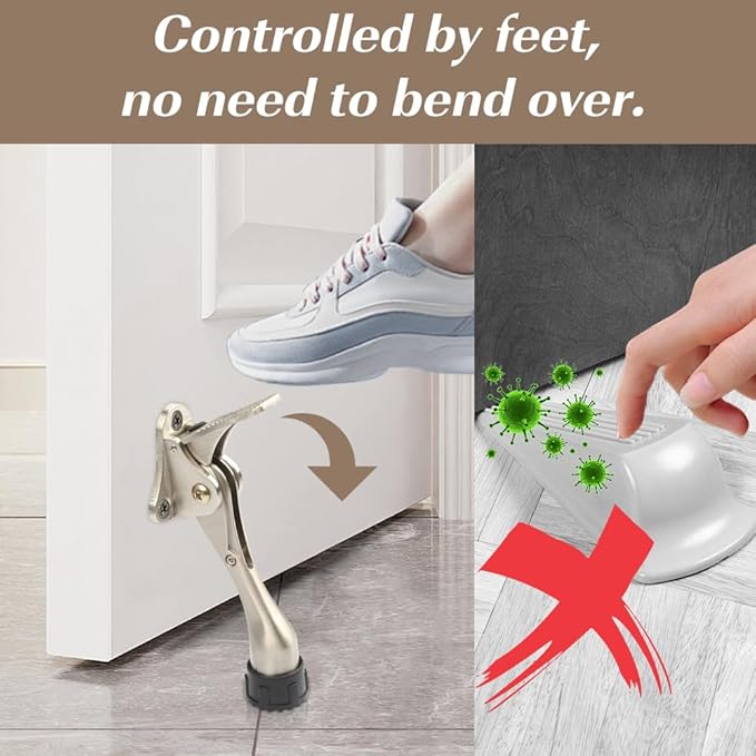 Kickdown Door Stopper 4 Inches - 2 Packs One Touch Adjustable Height Door Stop for The Bottom of Door The Bottom of Door Aluminum Alloy Metal Door Stopper with Rubber Tip Sliver