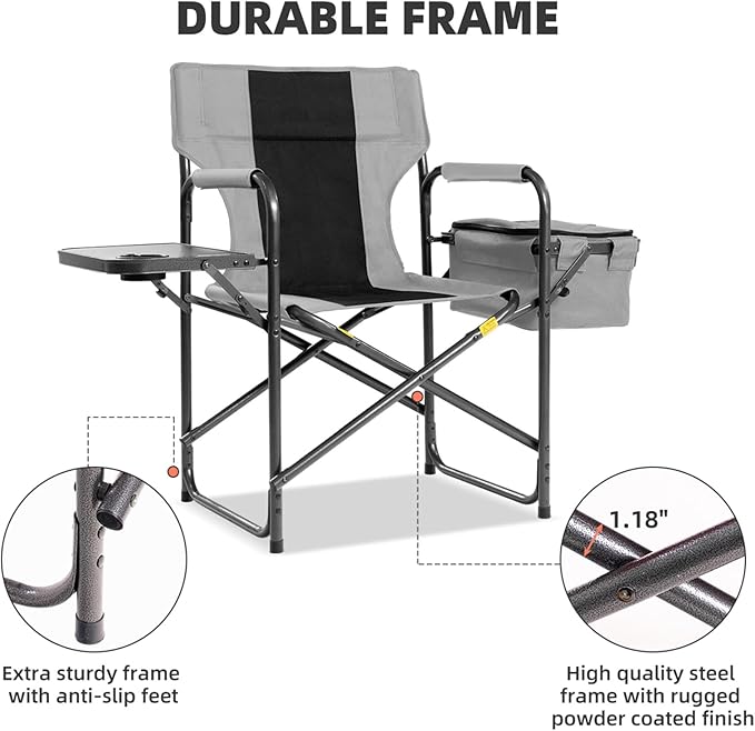 Director Camping Chair Set of 2 with Cooler Bag & Foldable Side Tray - 400lbs Heavy Duty Outdoor Folding Lawn Chair, Portable Camp Chair for Fishing/Backyard (Black & Gray)