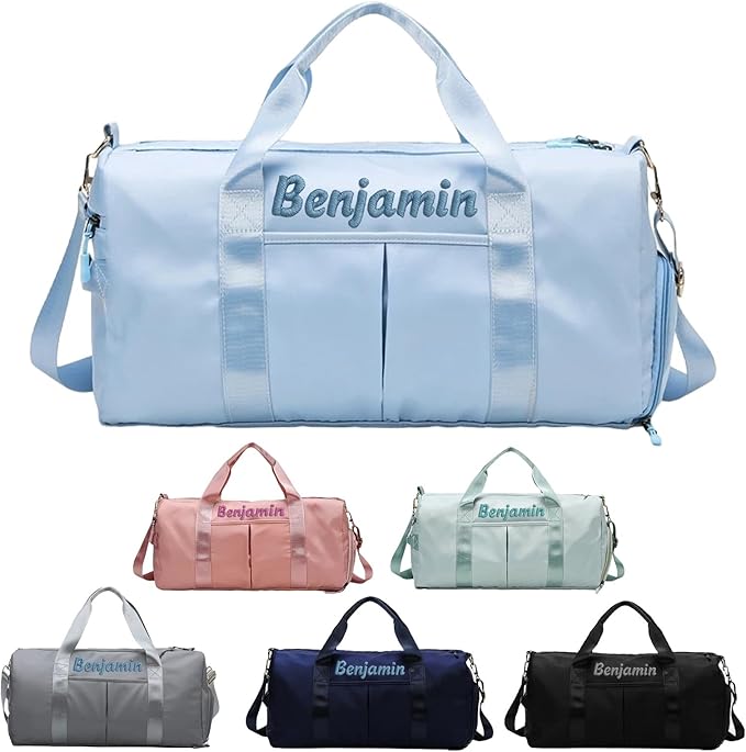 Personalized Travel Duffle Bag for Women with Embroidered Name Custom Sport Gym Bag with Shoe Compartment Weekender Overnight Tote Luggage Bag Customized Gifts for Birthday Light Blue