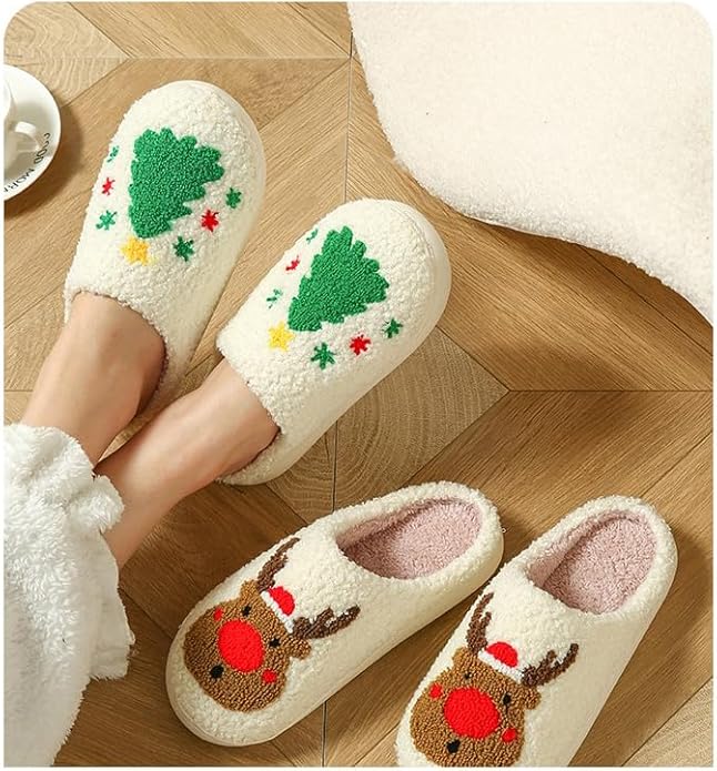 Unisex Xmas Elk Shoes Santa Reindeer Cute Strawberry Cartoon Christmas Tree Pink Bow Memory Foam Soft Plush House Slippers Indoor/Outdoor