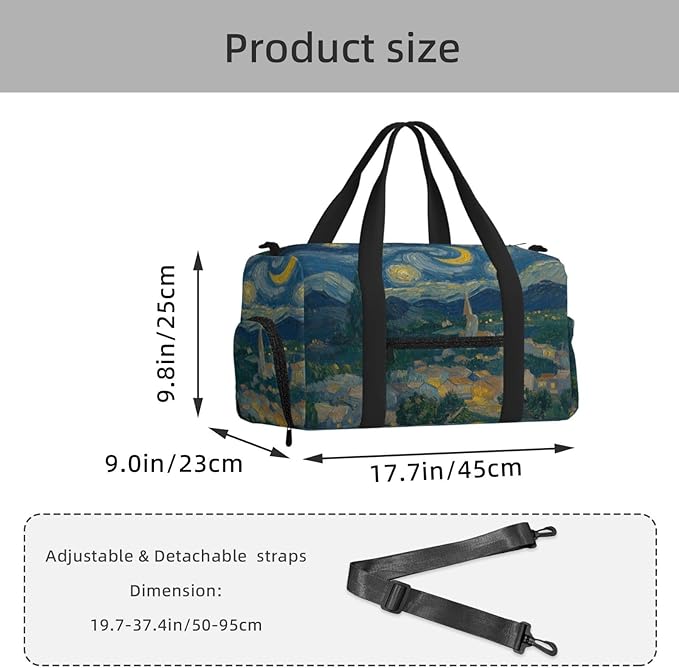 Sports Gym Bag Oil Painting Starry Art Travel Duffel Bag With Shoe Compartment Shoulder Strap, Lightweight Water-Resistant Weekend Overnight Totes For Women Men