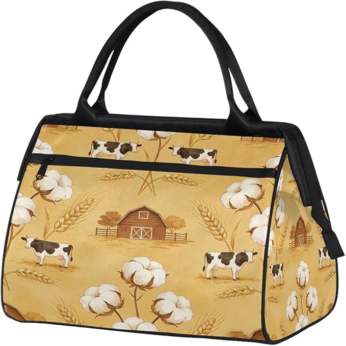 Travel Gym Carrying Bag - Cotton Cow Barn Print Overnight Weekender Bag for Women Men Girls - Shoulder Large Capacity Tote Bag for Travel, Yoga, School,Mommy Hospital Bag for Labor and Delivery