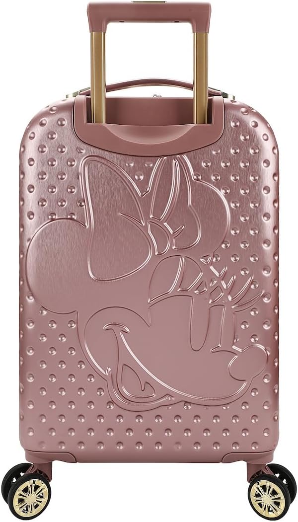 Disney Minnie Mouse 20 Inch Carry On Rolling Luggage, Rose Gold Hardshell Spinner Suitcase with 8 Wheels, Retractable Handle, Valet Straps & Zippered Packing Curtain, Expandable, Officially Licensed