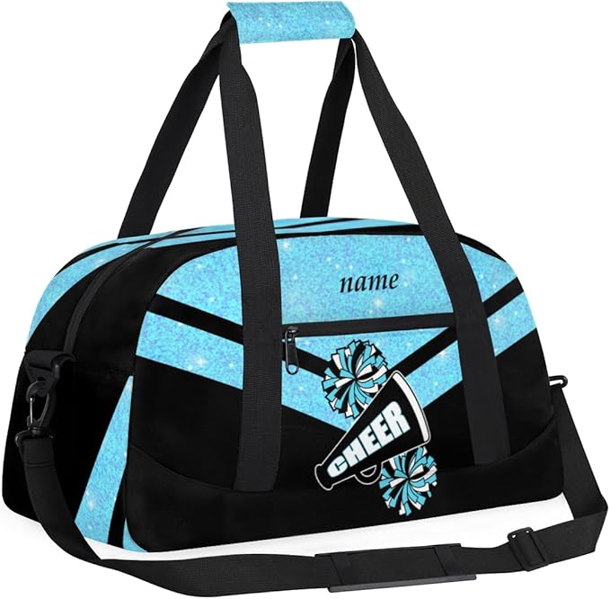 Custom Name Black Blue Cheerleading Gym Travel Duffle Bag with Front Zipper Pocket Personalizedfor Sports Bag for Overnight, Weekender, Carry On,Workout & Dance, 18.9 * 8.7 * 10.6 in