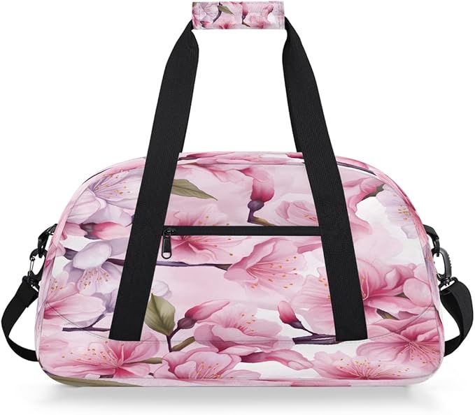 Gym Bag for Women Men, Pink Cherry Blossom Pattern Travel Duffle Bags for Dance Ballet Overnight, Carry-On Weekender Bag with Detachable Shoulder Strap