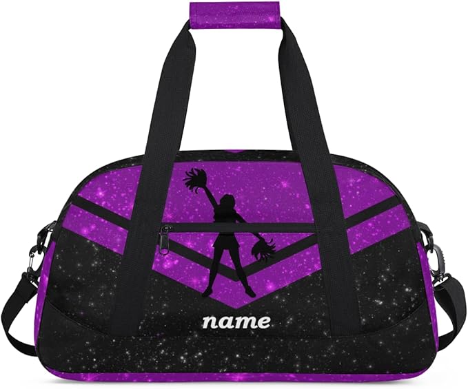 Custom Name Purple Black Cheerleading Squad Gym Travel Duffle Bag with Front Zipper Pocket Personalizedfor Sports Bag for Overnight, Weekender, Carry On,Workout & Dance, 18.9 * 8.7 * 10.6 in