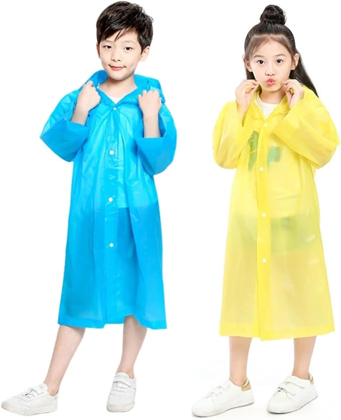 Rain Ponchos for Kids, 2 Pack Reusable Raincoats Jackets with Hoods and Sleeves Lightweight for Girls Boys
