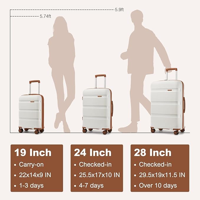 Kono Carry On Luggage 28 Inch Checked-Large Hard Shell Travel Trolley 4 Spinner Wheels Lightweight Polypropylene Suitcase with TSA Lock, Cream White