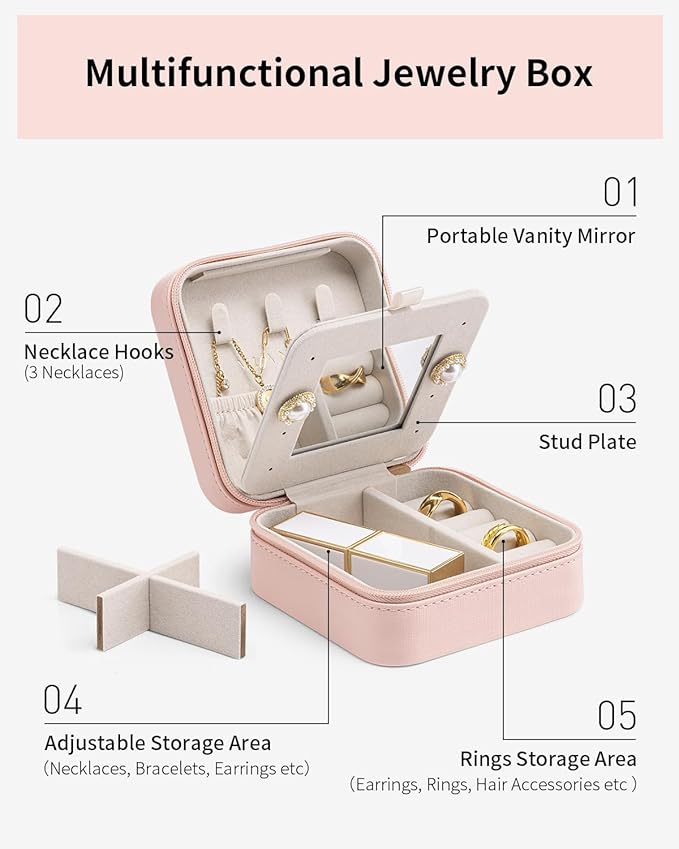 Vlando Travel Jewelry Box, Small Jewelry Travel Organizer Case for Girls Women - Pink Mirror*6 pack