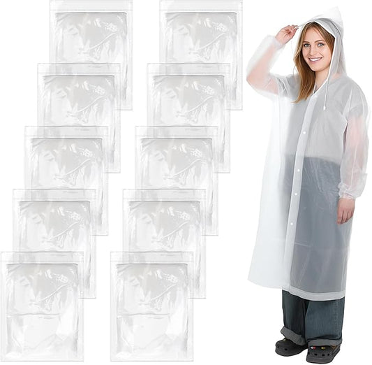 10 Pack Reusable Rain Ponchos for Adults Waterproof EVA Raincoats with Drawstring Hood Portable Rain Jackets Emergency Poncho for Outdoor Travel Camping Hiking