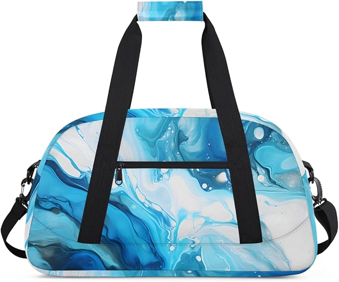 Blue White Fluid Gym Travel Duffle Bag for Women & Men with Front Zipper Pocket for Sports, Overnight, Weekender, Carry On,Workout & Dance Bag,Marble Fluid,18.9 * 8.7 * 10.6 in