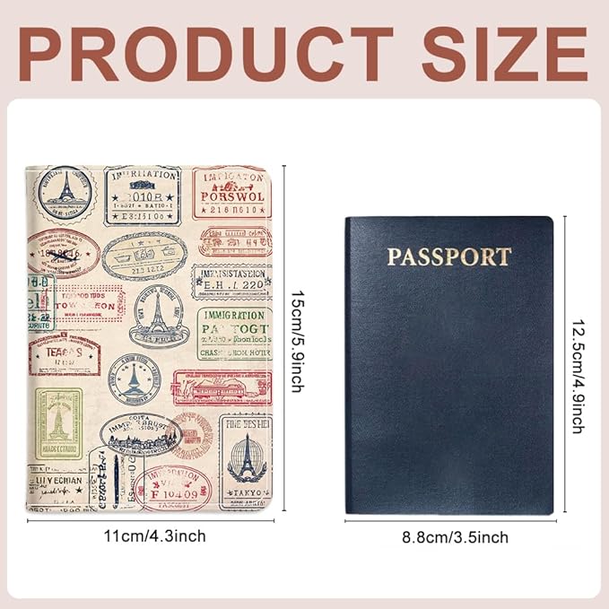 PU Leather Passport Holder Cover 5.9×4.3 Inch with Credit Card Slot and Boarding Pass Slot Combo Blocking Passport Holder Wallet Cover Case for Travel Boarding Essentials (Travel Stamp)