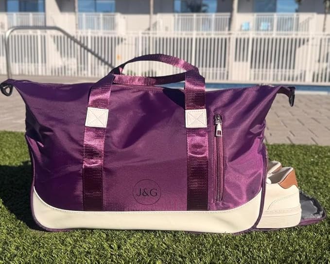 J&G Waterproof Gym Duffel Bag – Lightweight Travel & Sports Bag with Shoe Compartment and Wet Pocket for Men & Women – Carry-On Weekender for Gym, Beach, Trips – 8 Colors (Purple)