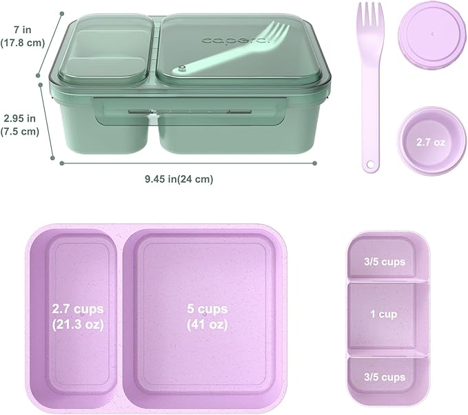 Caperci 2 Pack Salad Container for Lunch - 62 oz Large Bento Lunch Box for Adults, 2-Compartment Meal Prep Container with Removable Toppings Tray, Sauce Cup, Reusable Fork, BPA-Free (Purple & Green)